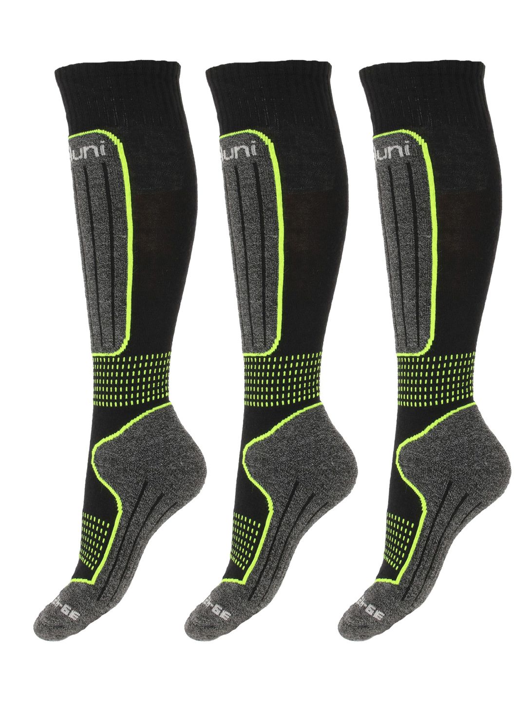 Deluni, Gaia 3 pair chaussettes de ski 3 paire unisexe Black With Neon Green Lines noir, vert 