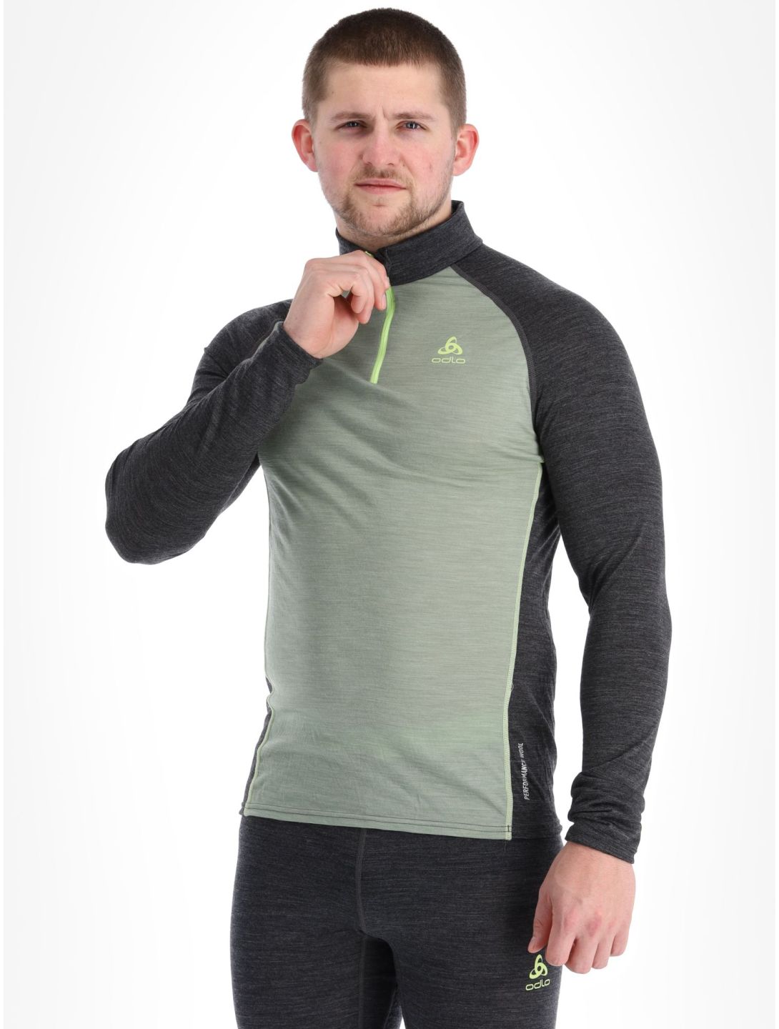 Odlo, Natural Performance PW 150 pull de ski hommes Matte Green - Dark Grey Melange gris, vert 