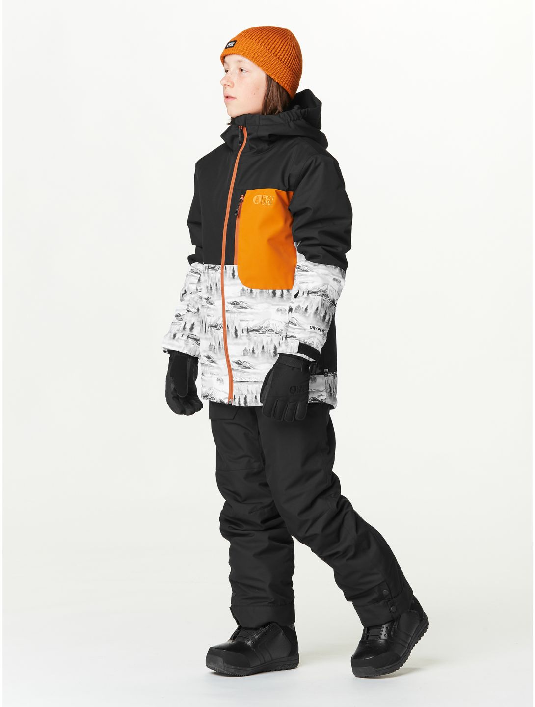 Picture, Daumy veste de ski enfants Black Mood Print Honey bleu, noir, orange 