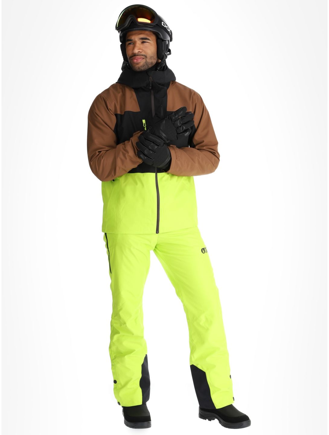 Picture, Object veste de ski hommes Cocoa Brown Black Acid Lime brun, jaune, noir 