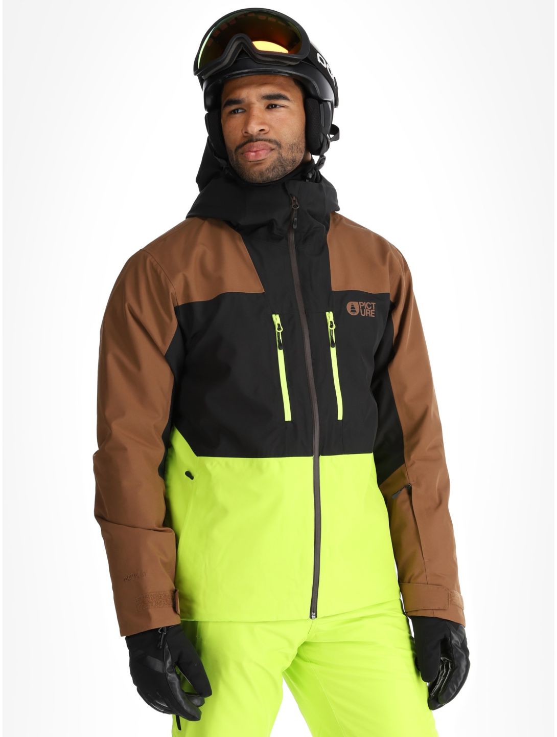 Picture, Object veste de ski hommes Cocoa Brown Black Acid Lime brun, jaune, noir 