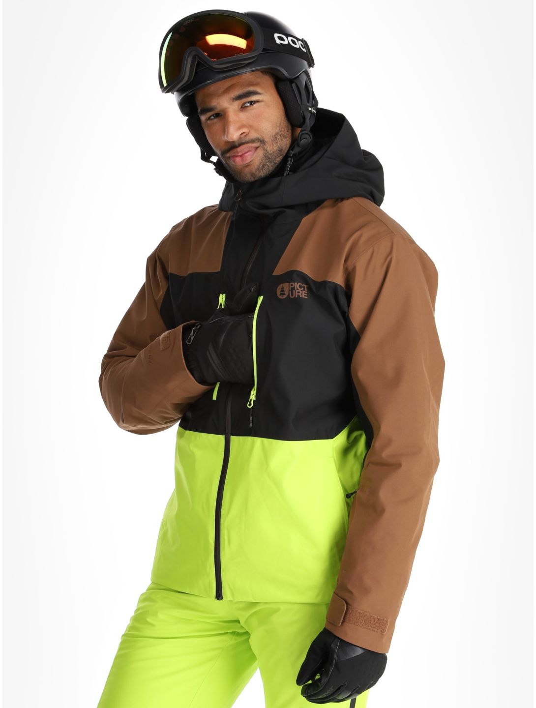 Picture, Object veste de ski hommes Cocoa Brown Black Acid Lime brun, jaune, noir 