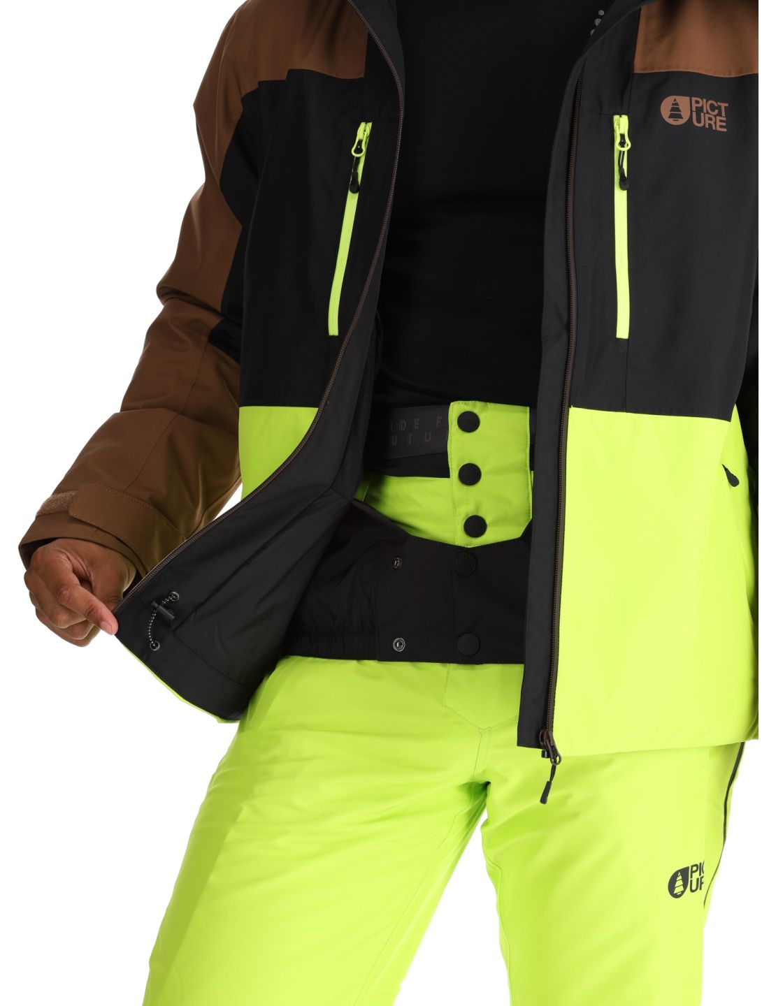 Picture, Object veste de ski hommes Cocoa Brown Black Acid Lime brun, jaune, noir 