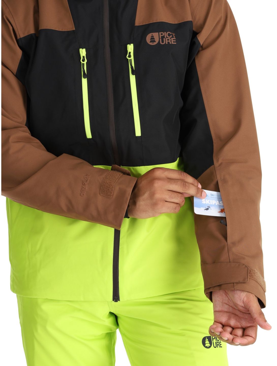 Picture, Object veste de ski hommes Cocoa Brown Black Acid Lime brun, jaune, noir 