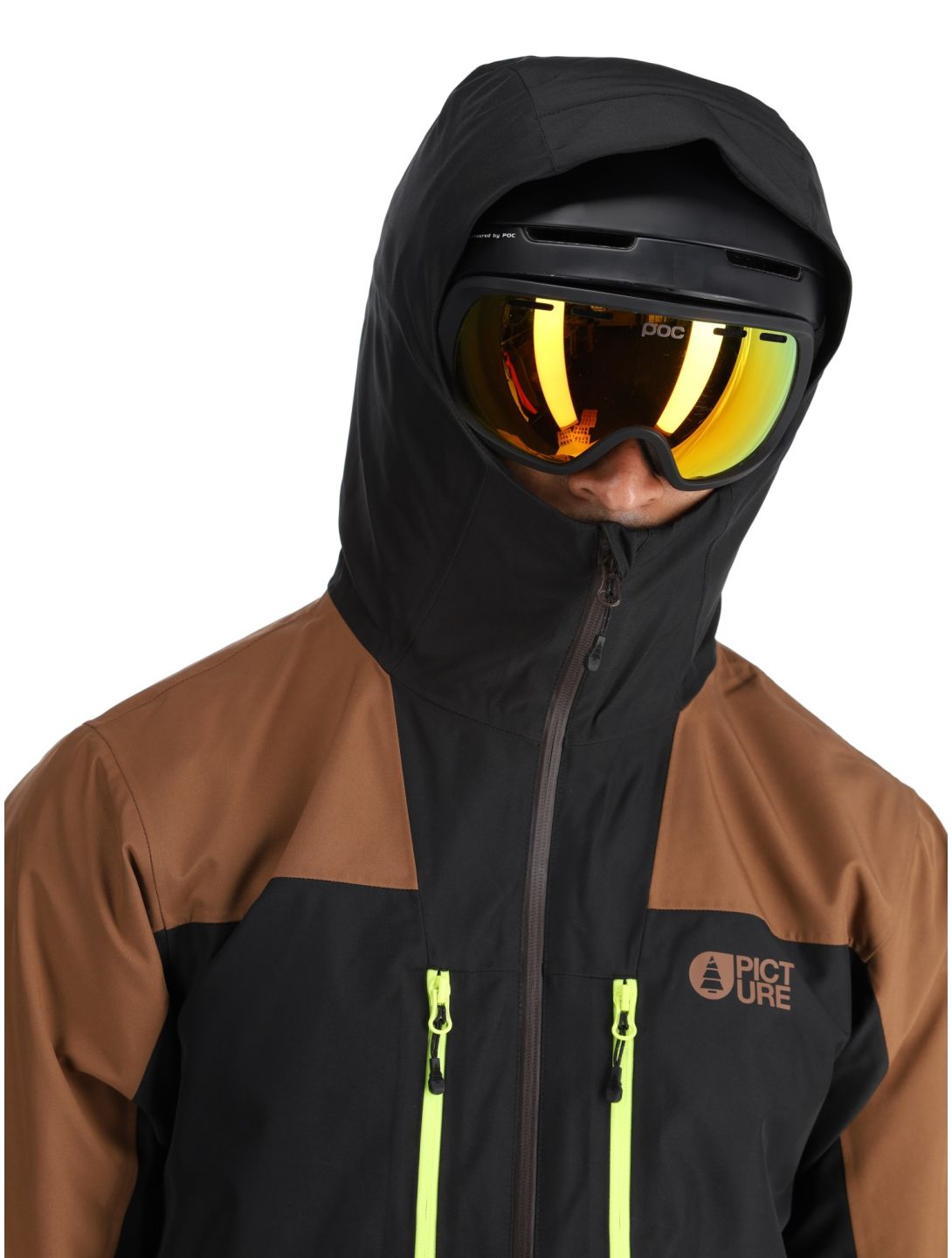 Picture, Object veste de ski hommes Cocoa Brown Black Acid Lime brun, jaune, noir 