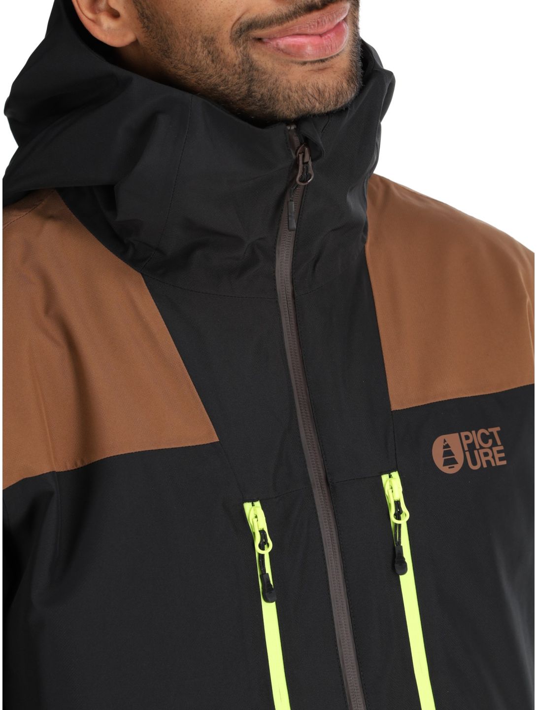 Picture, Object veste de ski hommes Cocoa Brown Black Acid Lime brun, jaune, noir 