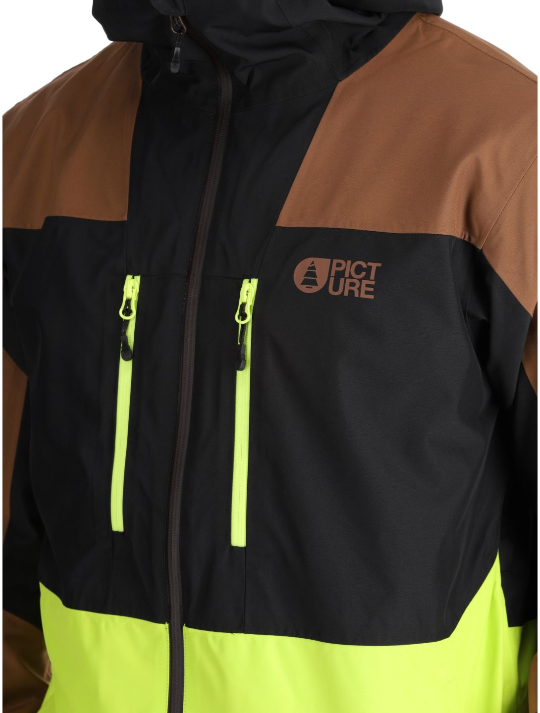 Picture, Object veste de ski hommes Cocoa Brown Black Acid Lime brun, jaune, noir 