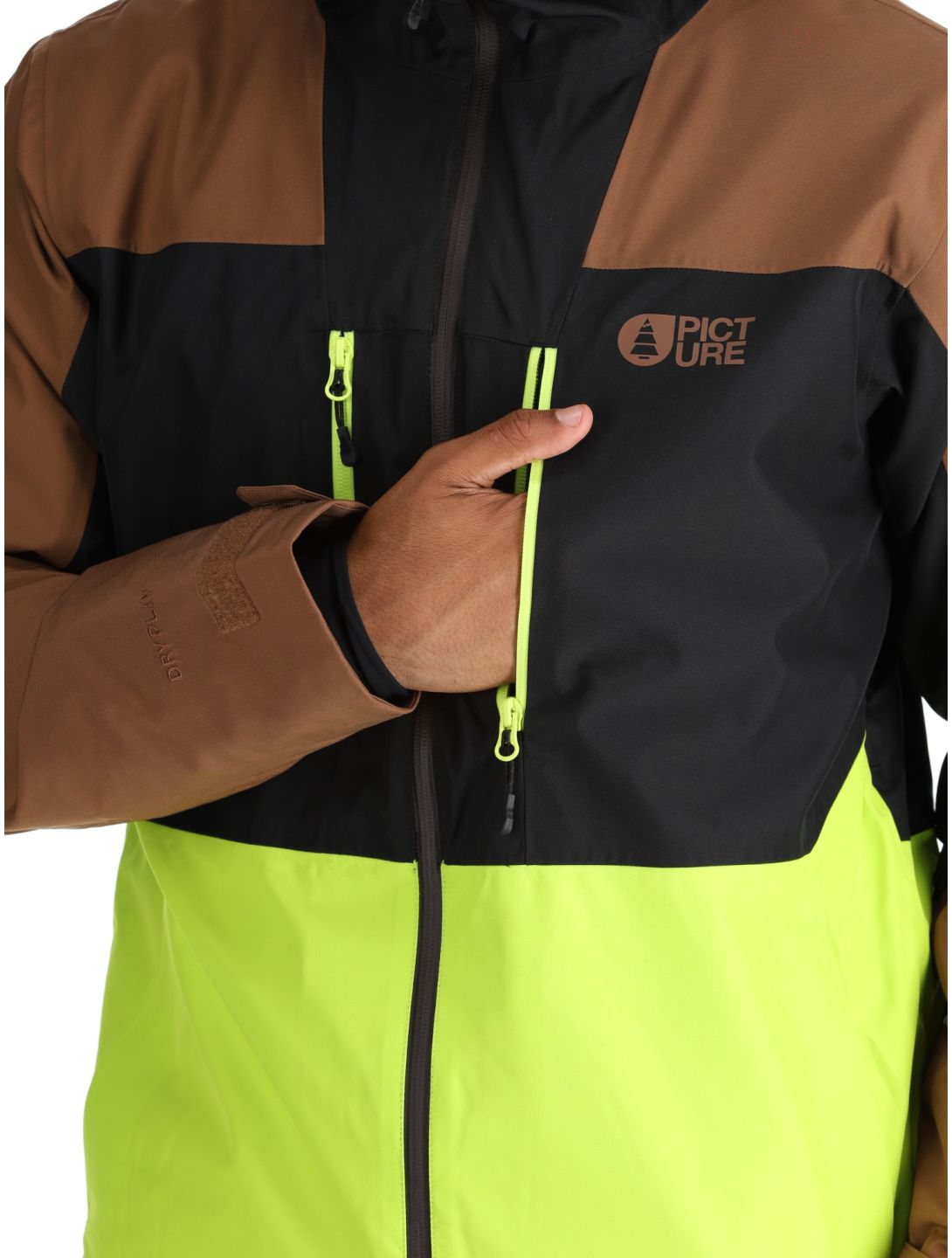 Picture, Object veste de ski hommes Cocoa Brown Black Acid Lime brun, jaune, noir 