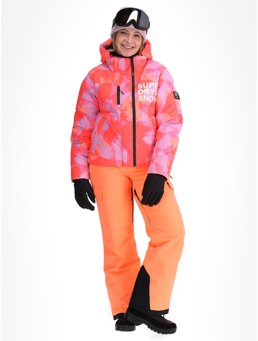 Superdry, Hooded Ski Boxy Puffer veste de ski femmes Brush Camo Coral rose 