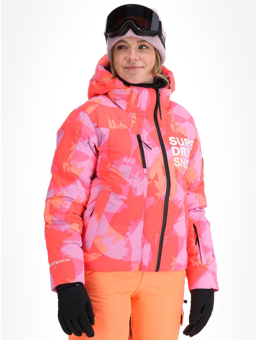 Superdry, Hooded Ski Boxy Puffer veste de ski femmes Brush Camo Coral rose 