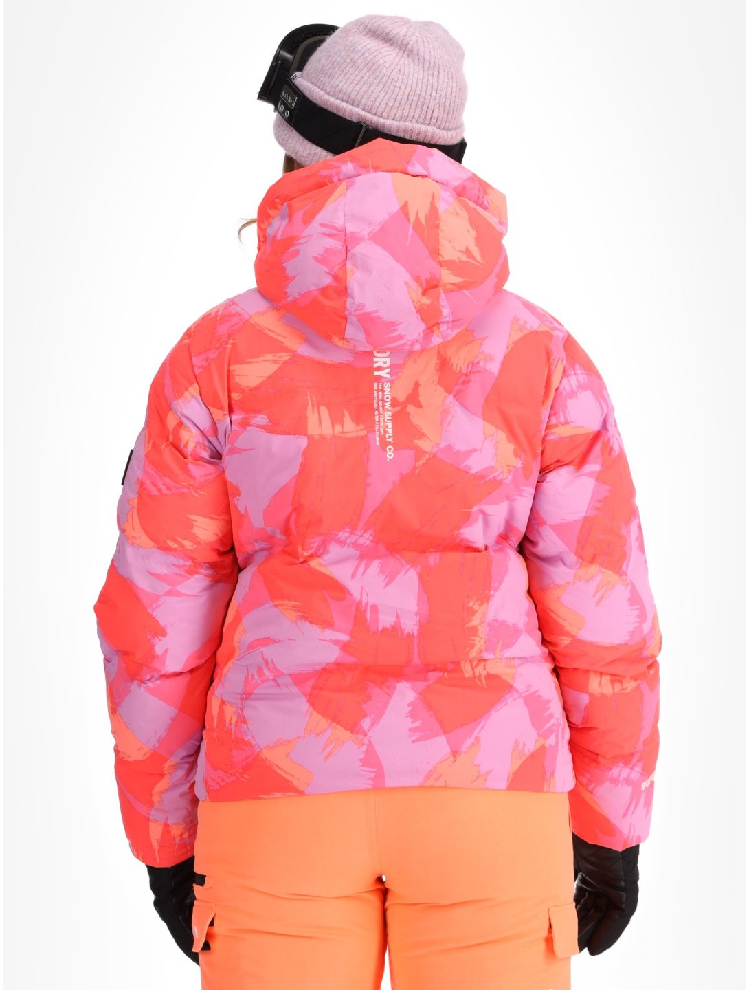 Superdry, Hooded Ski Boxy Puffer veste de ski femmes Brush Camo Coral rose 