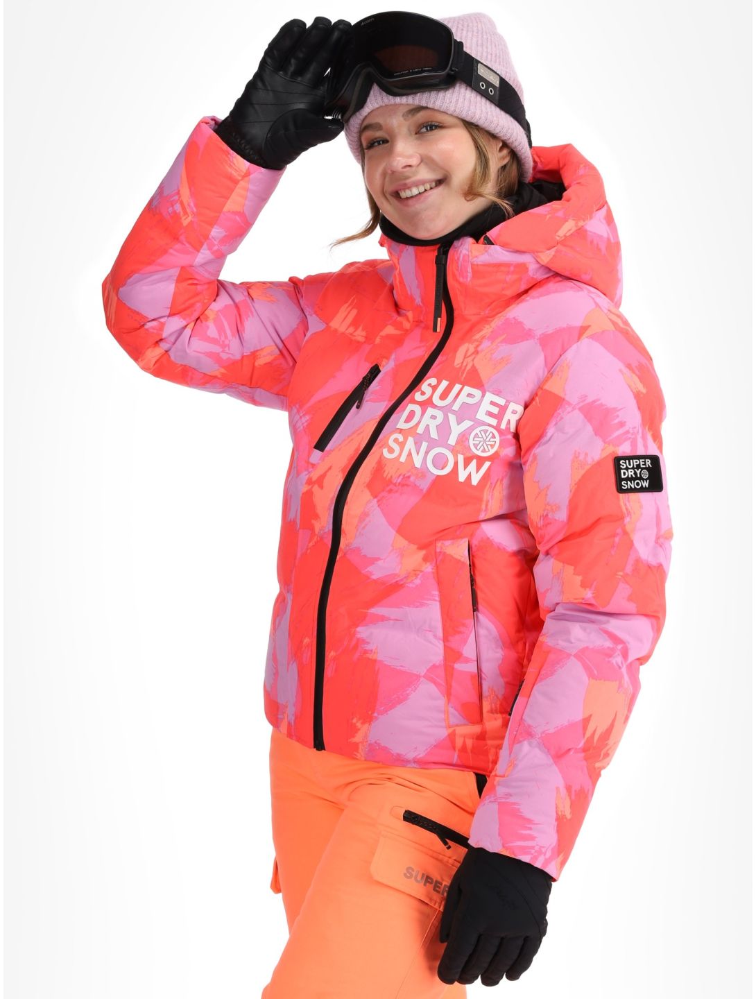 Superdry, Hooded Ski Boxy Puffer veste de ski femmes Brush Camo Coral rose 