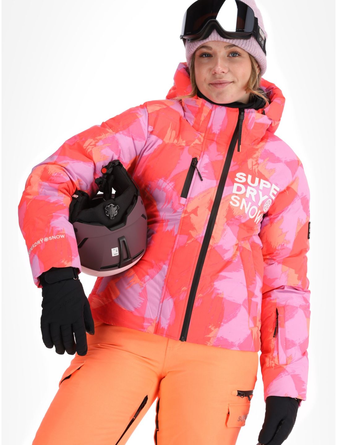 Superdry, Hooded Ski Boxy Puffer veste de ski femmes Brush Camo Coral rose 