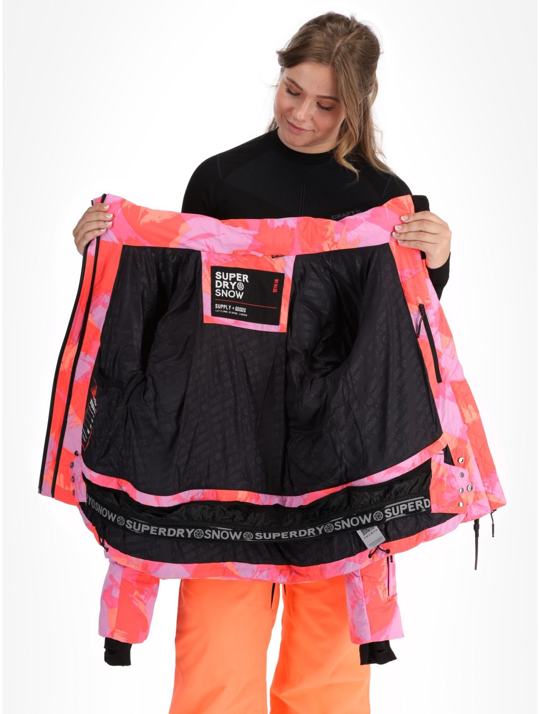 Superdry, Hooded Ski Boxy Puffer veste de ski femmes Brush Camo Coral rose 