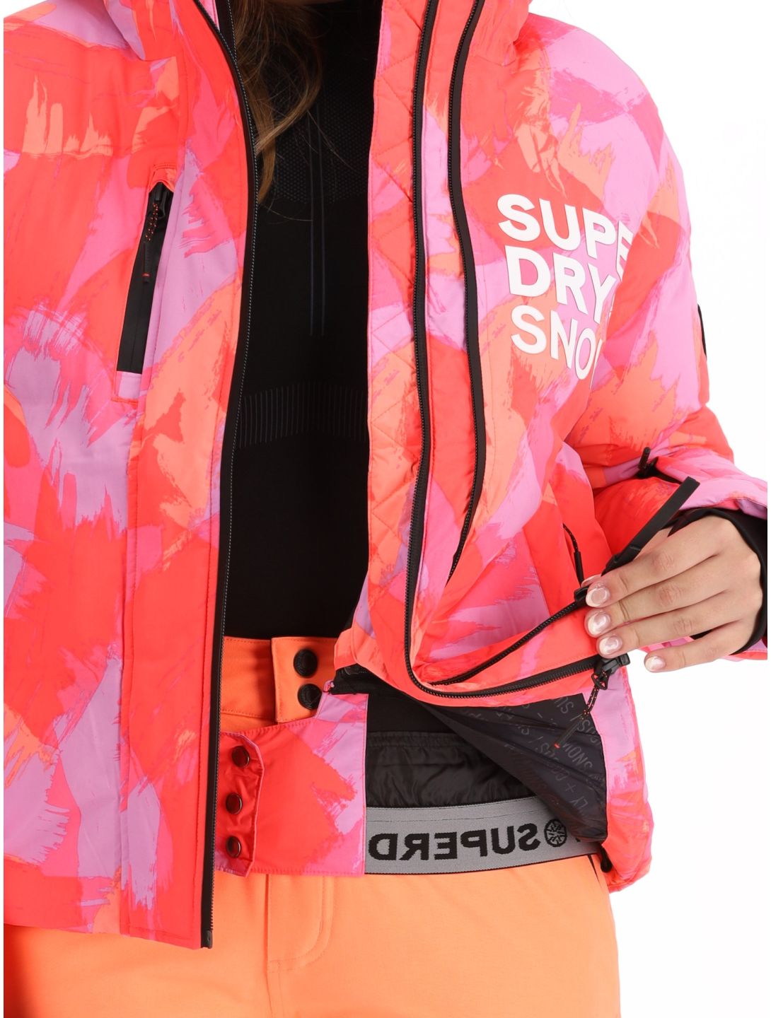 Superdry, Hooded Ski Boxy Puffer veste de ski femmes Brush Camo Coral rose 