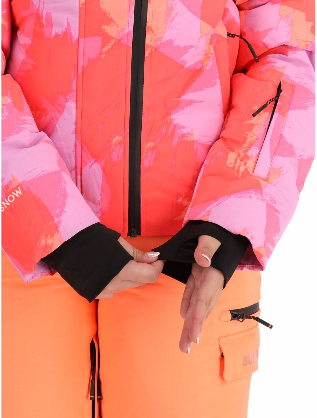 Superdry, Hooded Ski Boxy Puffer veste de ski femmes Brush Camo Coral rose 