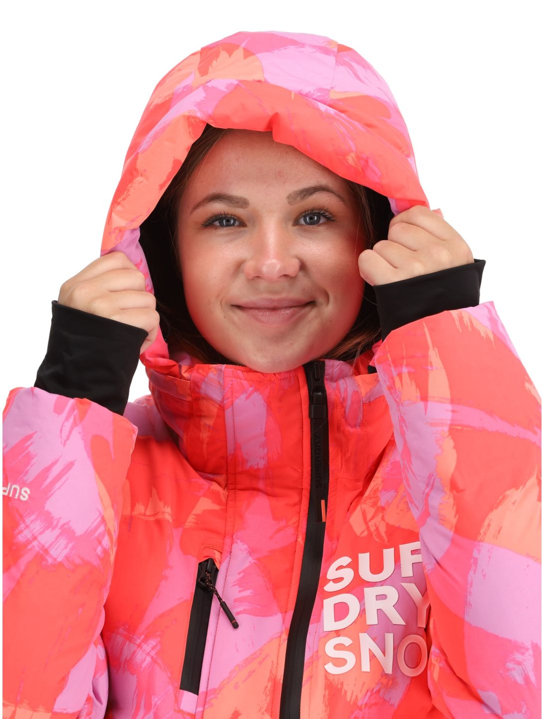 Superdry, Hooded Ski Boxy Puffer veste de ski femmes Brush Camo Coral rose 