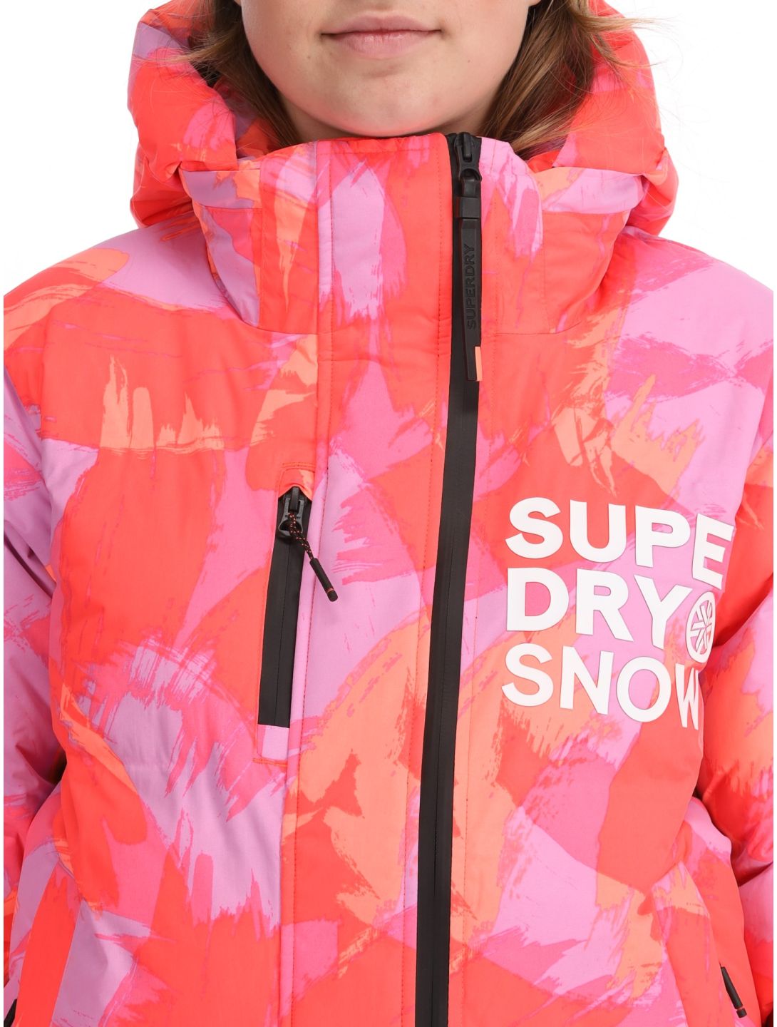 Superdry, Hooded Ski Boxy Puffer veste de ski femmes Brush Camo Coral rose 