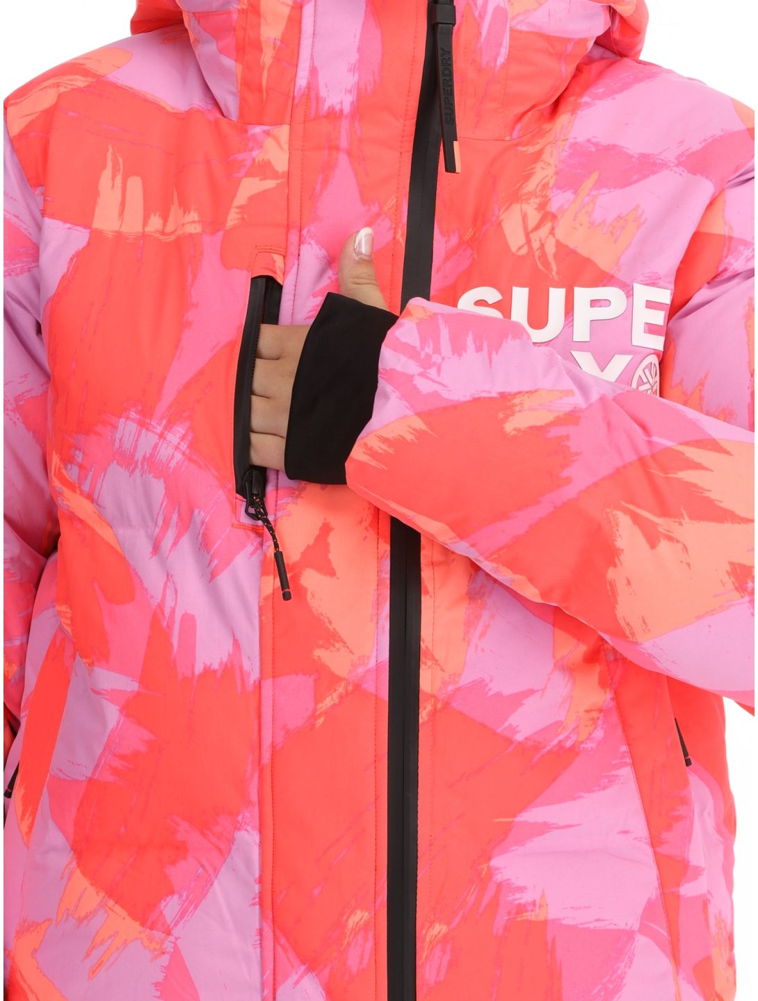 Superdry, Hooded Ski Boxy Puffer veste de ski femmes Brush Camo Coral rose 