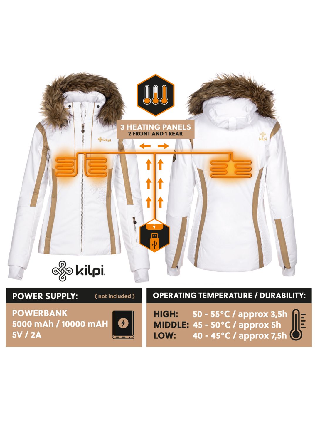 Kilpi, Mirsel-W veste de ski slim fit femmes blanc avec système de chauffage